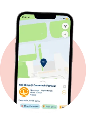 The bgood: goodbag app on a map screen with details of an event location