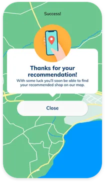 Schermata dell'app goodbag con una schermata di successo dopo aver aggiunto un luogo
