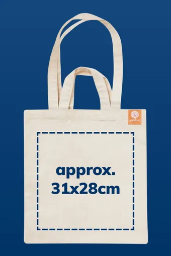 A goodbag illustrating the dimensions of a possible custom print - 31x28cm