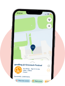 Die goodbag & goodcup App auf einem Handybildschirm mit Details zum Veranstaltungsort
