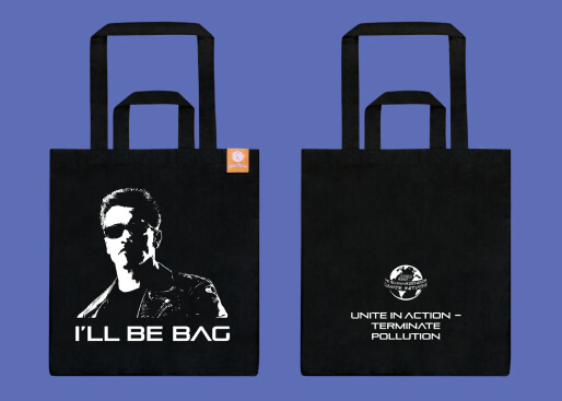 Das Arnold Schwarzenegger Dark goodbag Design mit dem Text „I'll be back“.