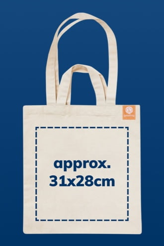 Eine goodbag, die die Abmessungen eines möglichen benutzerdefinierten Drucks veranschaulicht - 31x28cm