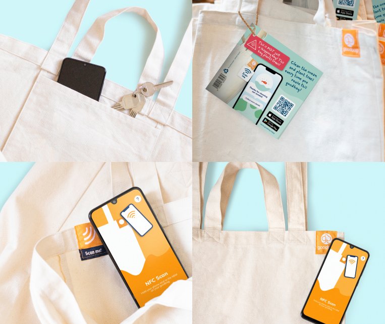 Thumbnail of 1. Inner pocket, 2. Informational hangtag printed on recycled paper, 3. & 4. goodbag includes an NFC chip that can be scanned with the free goodbag app