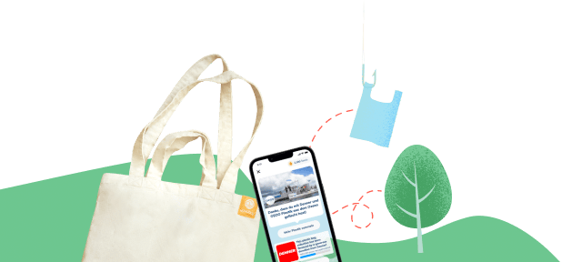 Eine verspielte Illustration einer goodbag mit einem Baum und einer Plastiktüte