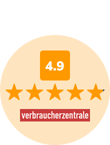 Verbraucherzentrale-Logo mit einer Bewertung von 4,9 von 5 Sternen