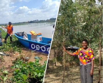 Representações de projetos sociais: um barco recolhendo plástico com OEOO e uma mulher plantando uma árvore na África